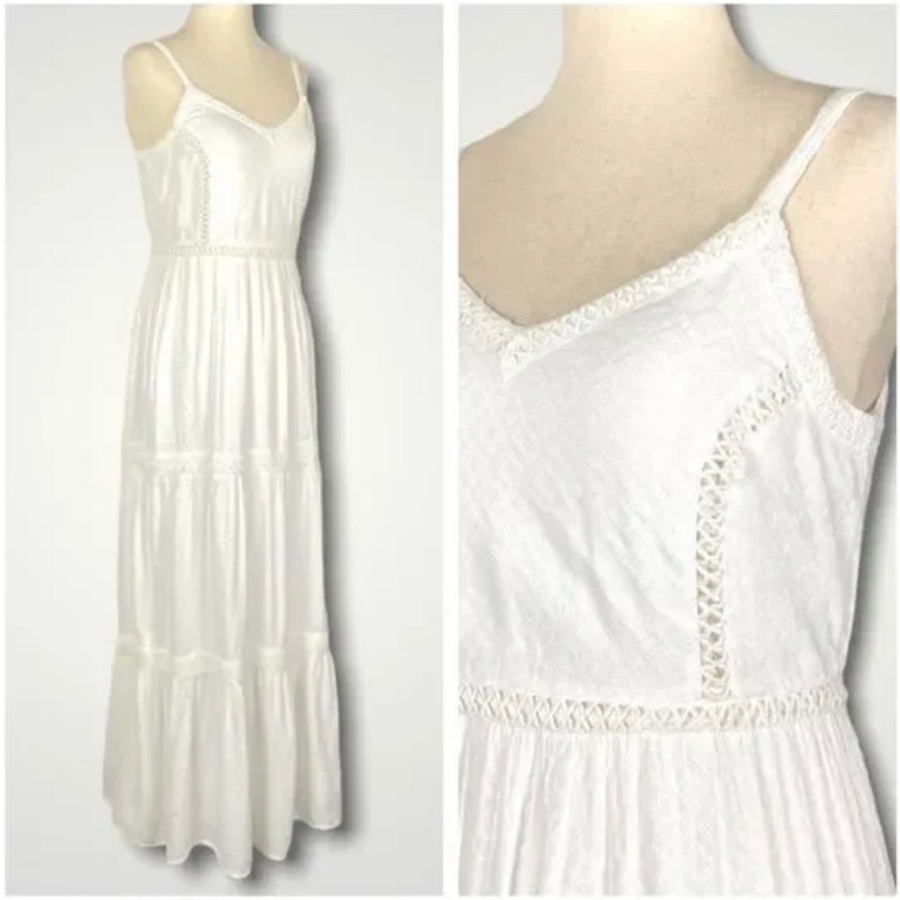 Joie Tiered Maxi Dress Rayon White Texture Beachy Casual Adjustable Straps Sz M